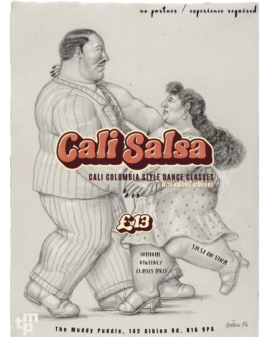 Botero pencil drawing of a dancing couple with "Cali Salsa" lettered across it