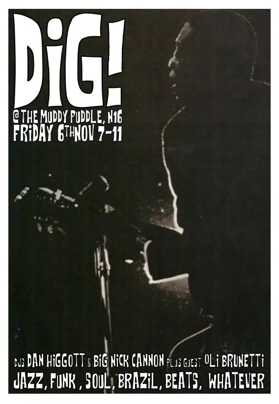 Black and white photograph of a guitarist, with DiG! in hand-drawn white capitals